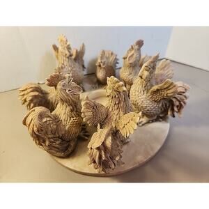 7 Rooster Figurines Crowing Around A Candle Holder Vintage 2001 Resin